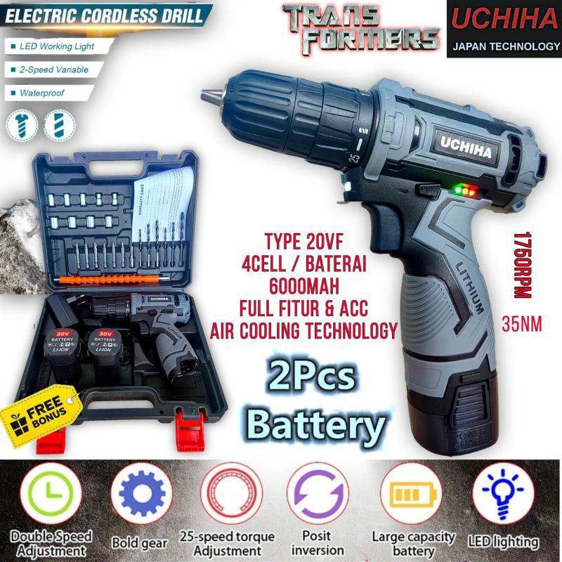 Bor baterai 10mm cordless mesin bor  besi kayu tombok UCHIHA Japan 20volt