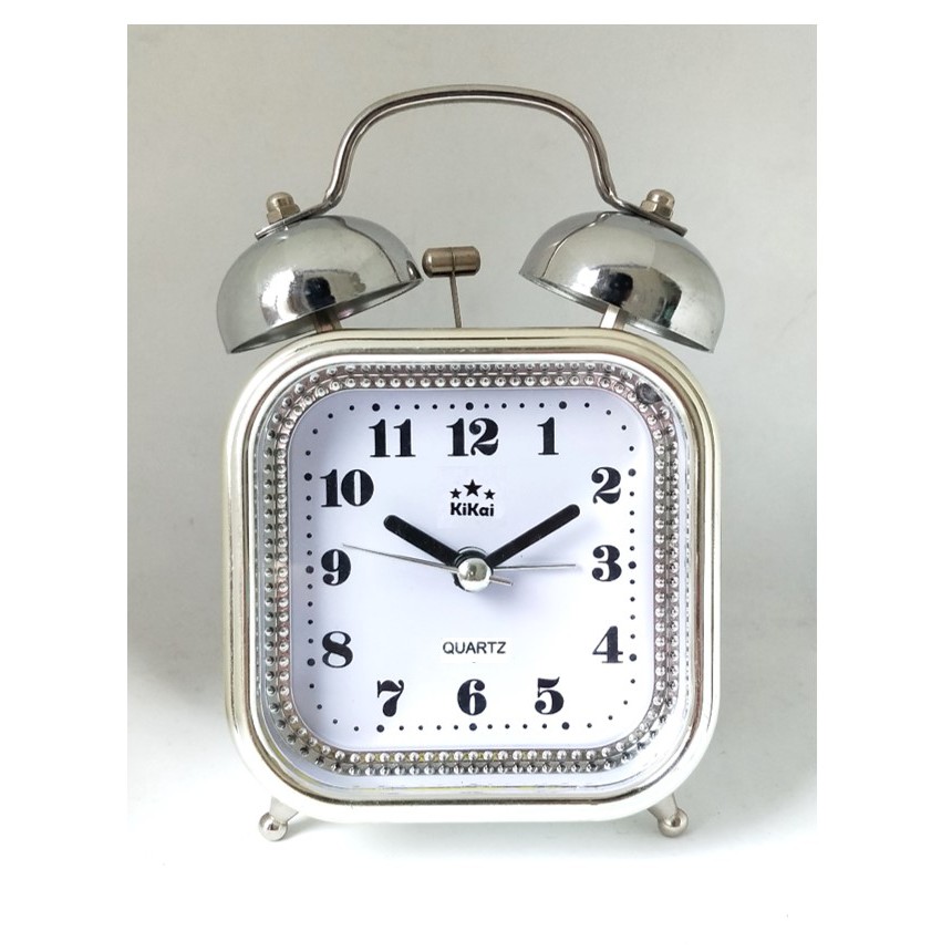 Jam Meja Weker Alarm Clock Warna Silver Bentuk Oval Kotak Bulat Free Baterai