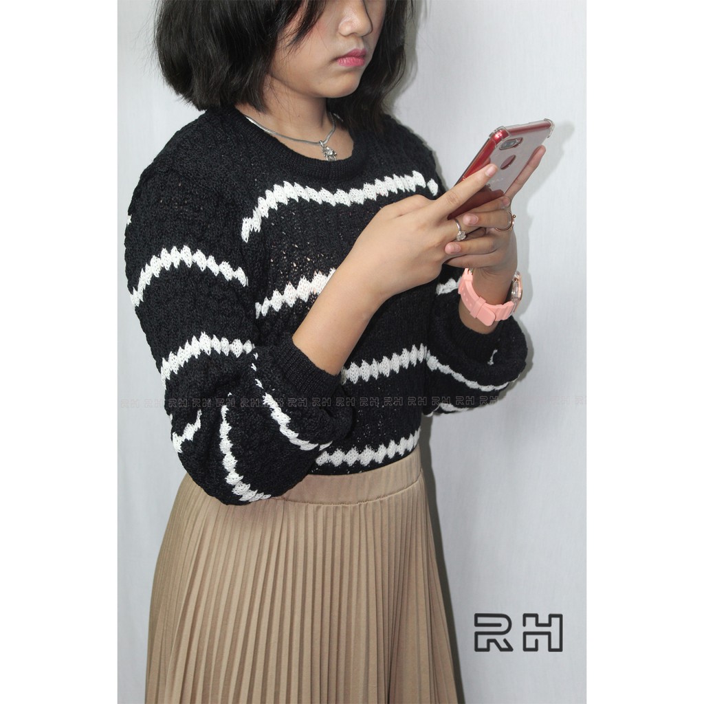 RAJUT SWEATER POPCORN STRIP / SWEATER WANITA NANAS STRIP / SWEATER WANITA KEKINIAN