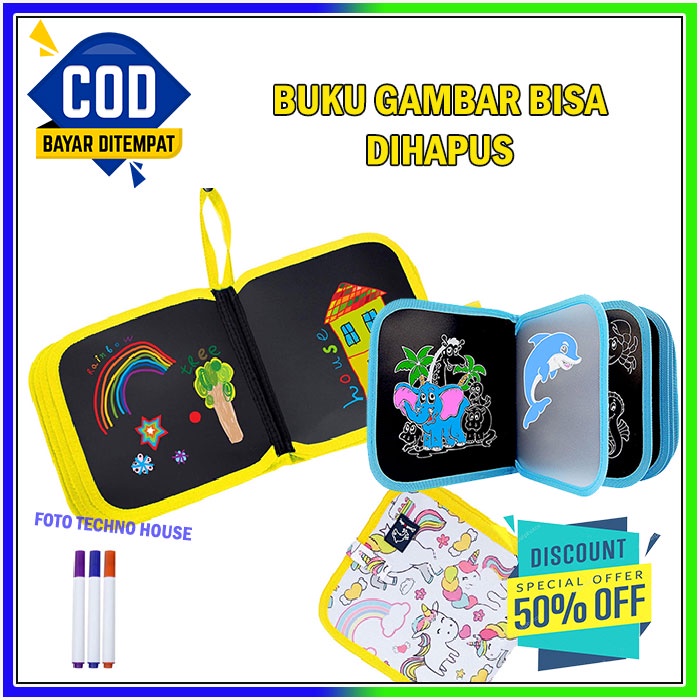 

(Motif Baru / 13motif) Buku Gambar Portable Bisa Dihapus 6 Halaman Free 3 Spidol Warna