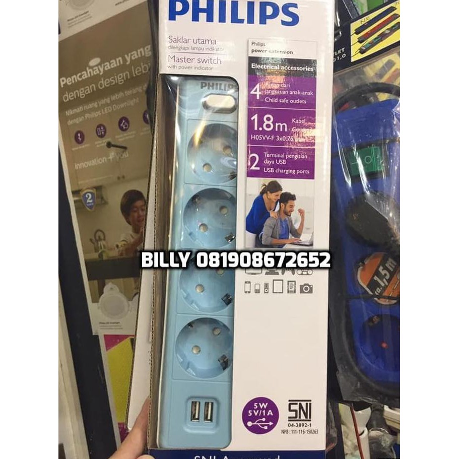 Stop Kontak PHILIPS Saklar Utama 4 lubang + USB port SNI garans