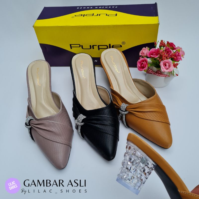 Sendal Wanita Pesta Hak Kaca Tahu 5cm Selop Kekinian Original Purple High Quality