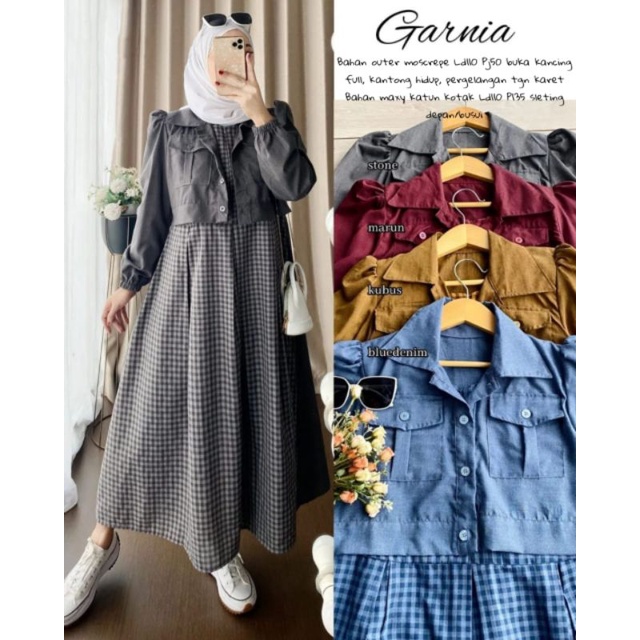 MAXY OUTER GARNIA 2IN1 KOTAK, MOSCREPE KATUN, GAMIS HIJAB MUSLIM, OUTER MAXY DRESS