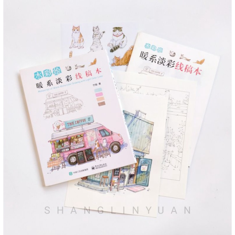 

Warm tone storefront watercolor coloring book