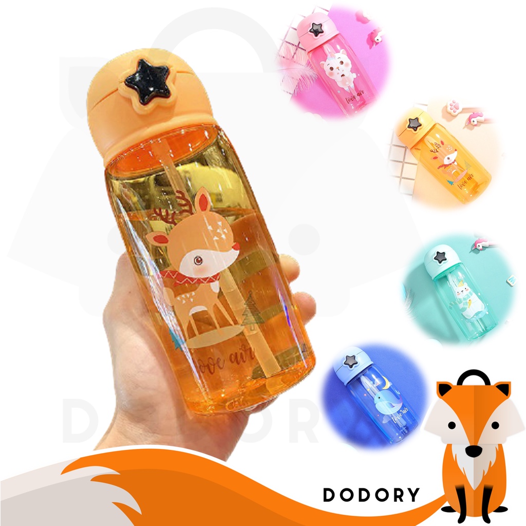 DODORY BTL004 Botol Minum Sedotan Flip Bening Transparan Berwarna Motif Kartun Water Bottle