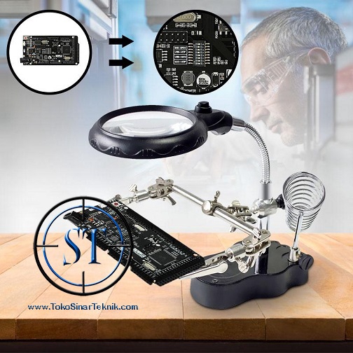 Helping Hand Clamp Alat Pemegang Solder Soldering Iron Stand + Kaca Pembesar LED