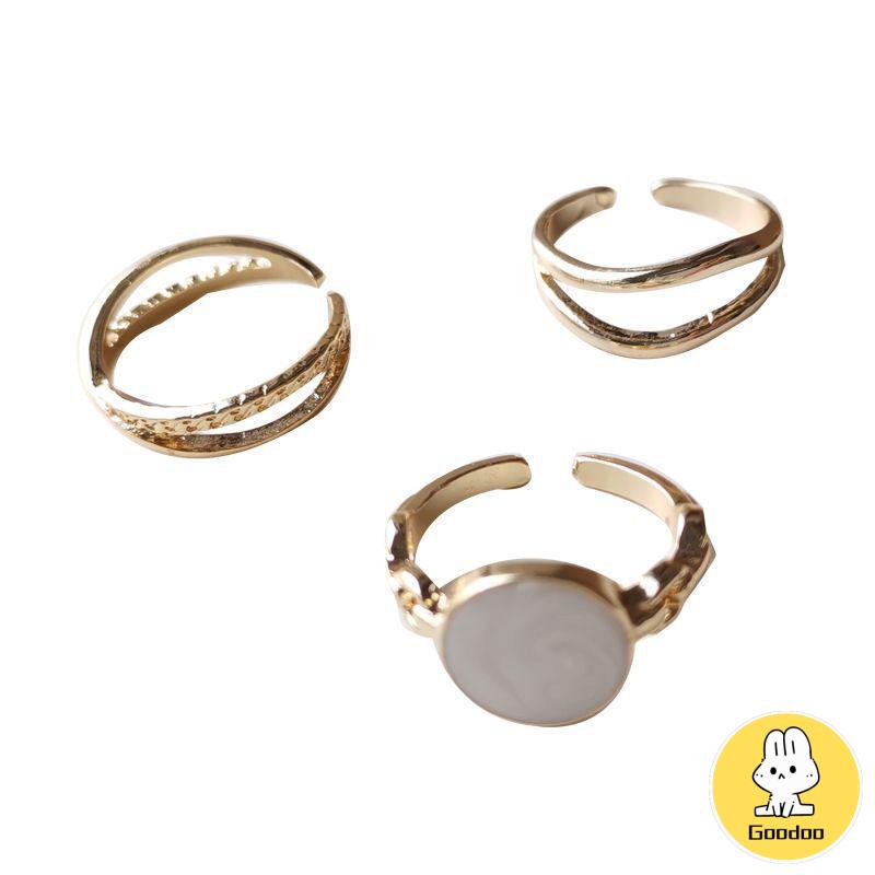 3 PCS Cincin Set Punk Gold Silver Pearl Ring Set Smiley Heart Simple Ring Accessories Jewelry -Doo