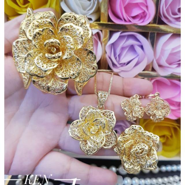 TERMURAH Set Perhiasan Xuping Lapis Emas Kalung Gelang Anting Cincin Bunga Mawar Permata Titanium