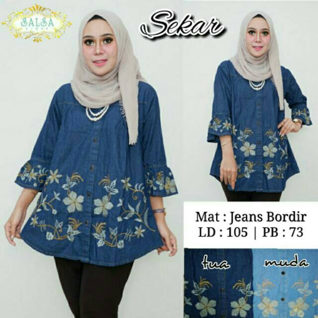 Jeans bordir-atasan murah-jeans wanita-baju jeans-blouse jeans bordir-blouse kancing-blouse motif