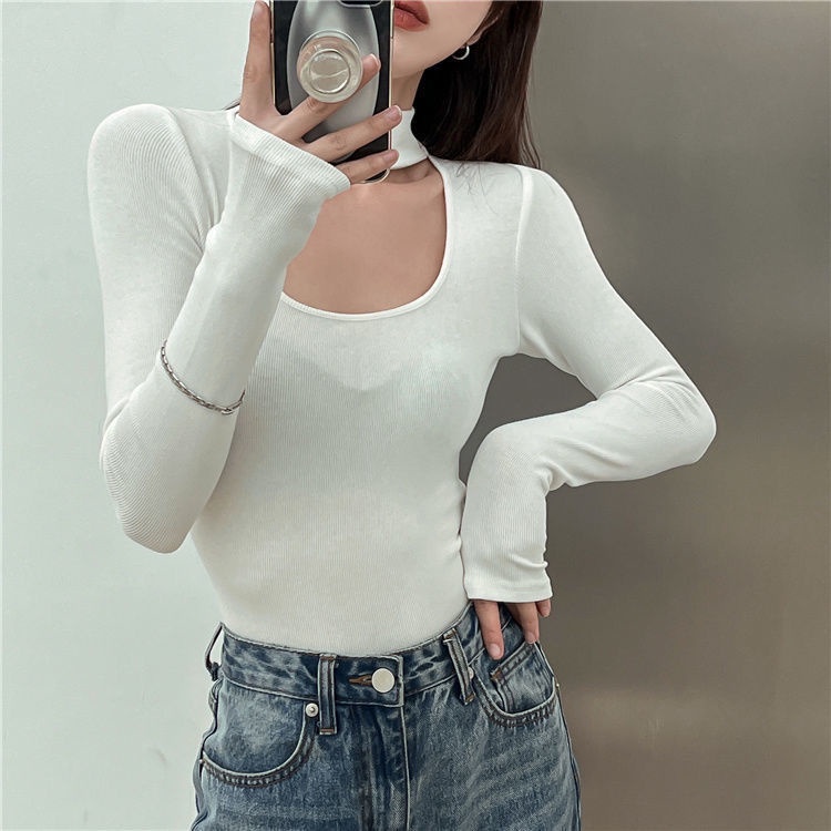 #Sisjuly# Kaos Atasan Kaos Halter Berongga Berleher Turtleneck Seksi