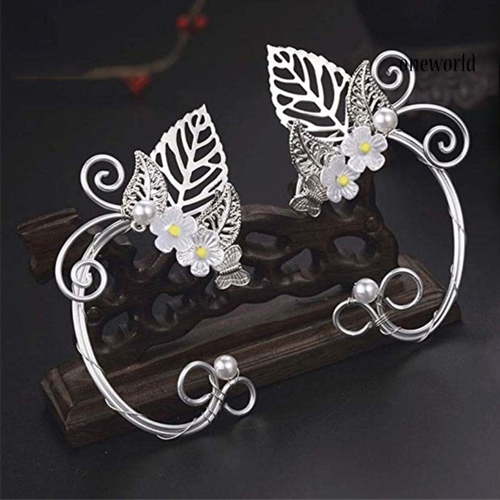 OW# 1Pc Hollow Flower Leaf Elf Faux Pearl Ear Cuff Clip On Earring Party Jewelry