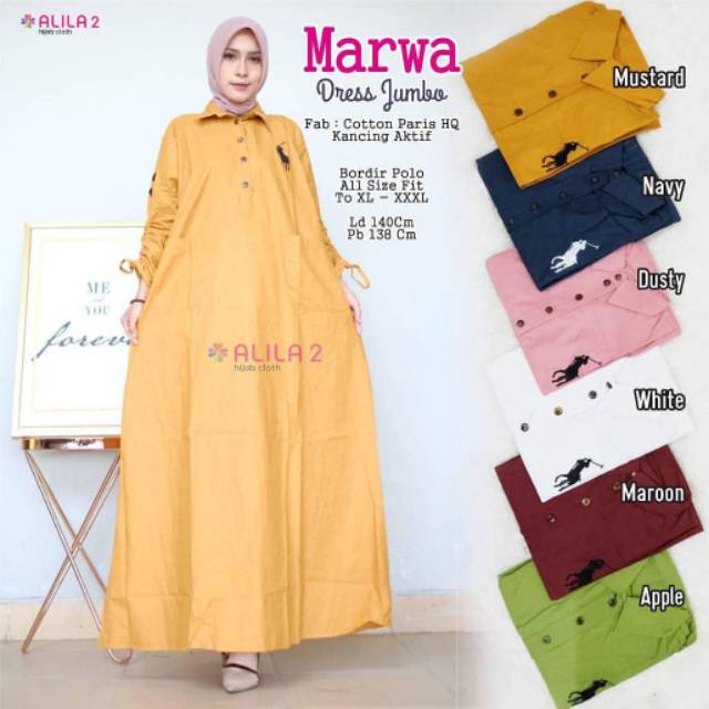 Dress Jumbo MARWA LD 140 Big Size XXXXL Katun Paris HQ Gamis Syari Polos Kancing Aktif