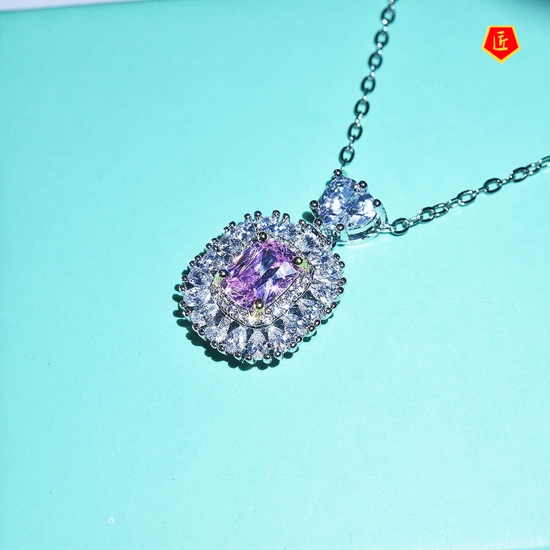 [Ready Stock]Pt950 Platinum Pink Flash Diamond Square Pendant Luxury Banquet