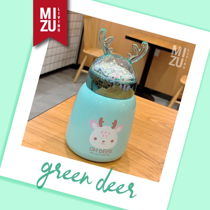 UNIDEER Termos Anak Unicorn Snow Globe 300ml Thermos Botol Air Minum Water Bottle Vacuum BPA-Free-GREEN DEER
