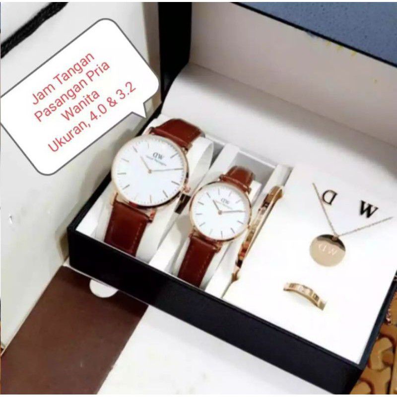 Jam Tangan Cauple pria dan wanita satu set free kalung cincin anting anting gelang