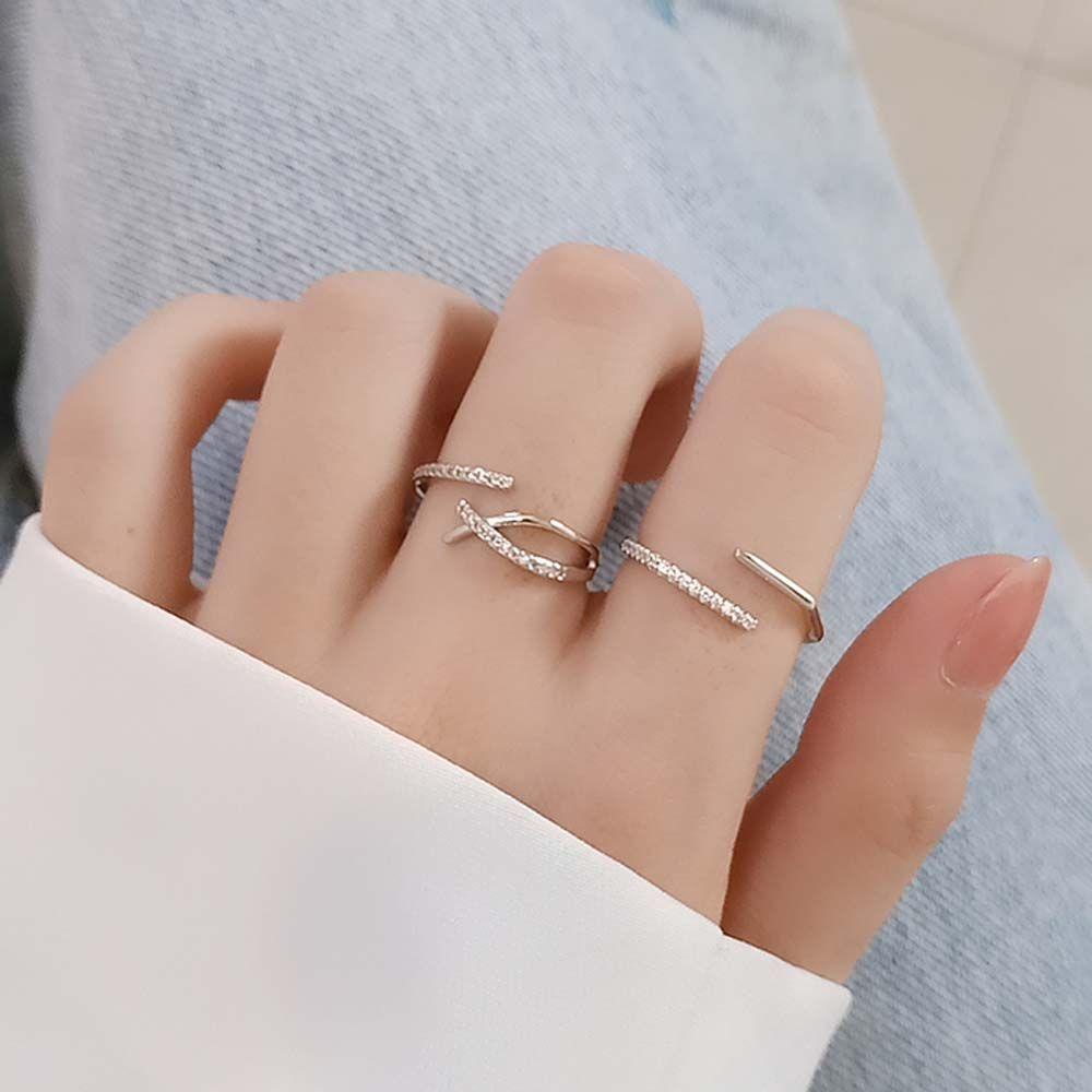 Mxbeauty Cincin Zircon Fashion Adjustable Garis Paralel Silang Warna Perak Berlian Gaya Korea