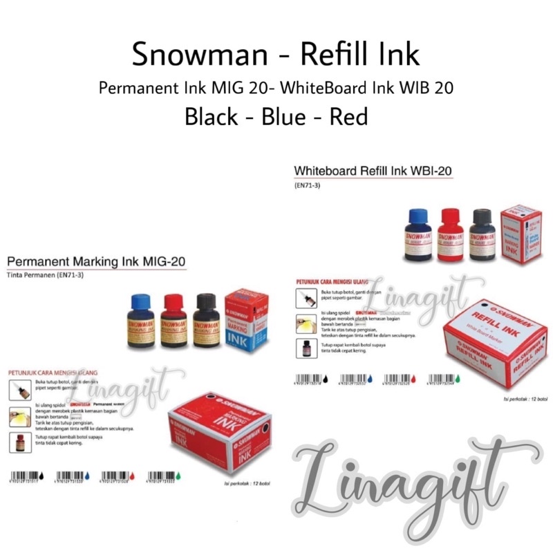 SNOWMAN REFILL INK MARKER -  ISI TINTA SPIDOL WHITEBOARD NON PERMANENT WIB 20  - PERMANENT MIG 20 - BLUE BLACK RED / MERAH HITAM BIRU PERMANEN