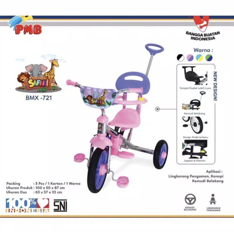 PMB 721 Sepeda BMX Roda Tiga Anak Tricycle Sandaran Stenlis Nikel Dorongan Jagaan PMB 721