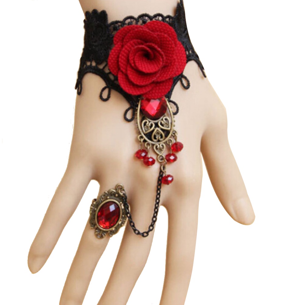 Canaan Gelang Tangan Lace Motif Bunga Mawar + Cincin Adjustable Gaya Gothic Elegan Untuk Wanita