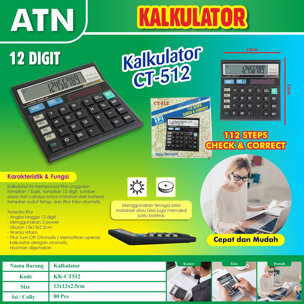

COD-Kalkulator 12 Digit -Kalkulator Check / Kakulator Dagang Besar / Calculator MURAH ATN