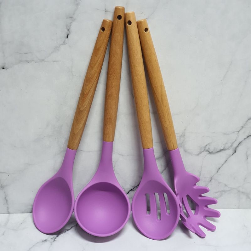 Purple series set cooking silicone utensil set with wooden handle