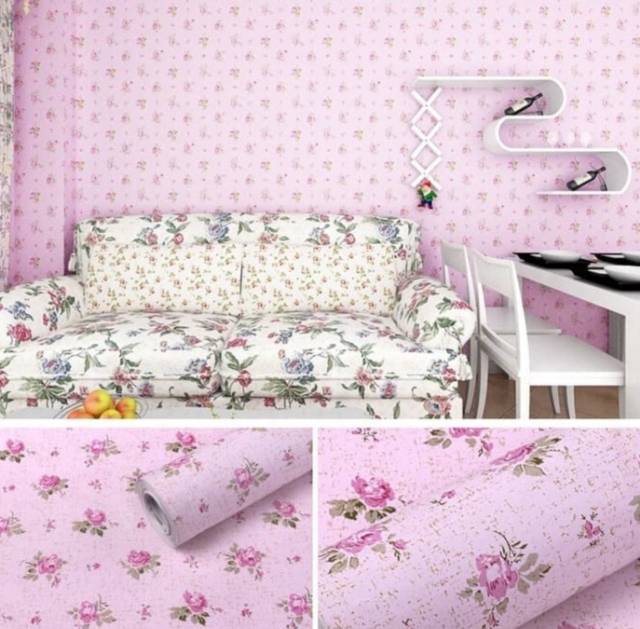 Wallpaper stiker dinding motif bunga kecil dasar pink