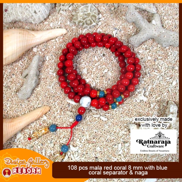 Tasbih / Mala Buddha 108 Red Coral 8 mm with Blue Coral &amp; Naga