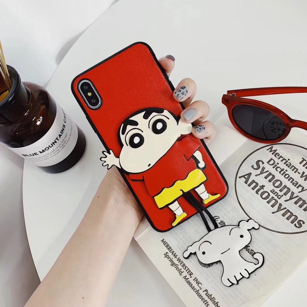 Jepang Kartun Lucu Krayon Kecil Lucu Baru 3D Boneka Anjing Liontin Kulit Menutupi Case Untuk IPhone