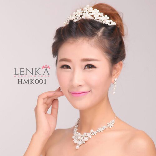 Paket Mahkota Kalung Anting Mutiara Aksesoris Wedding Modern Lenka - HMK001