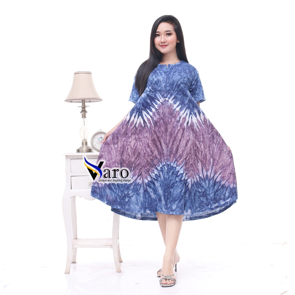 [GROSIR] Daster Kaos Payung Busui Tiedye XXL Jumbo Klok A Busui Resleting-Ombak Biru Ziper