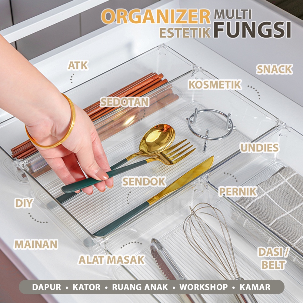 HUGO Organizer Laci Sendok Garpu Sumpit Sekat Laci Dapur Bening Bahan Acrylic Organizer Meja Kamar