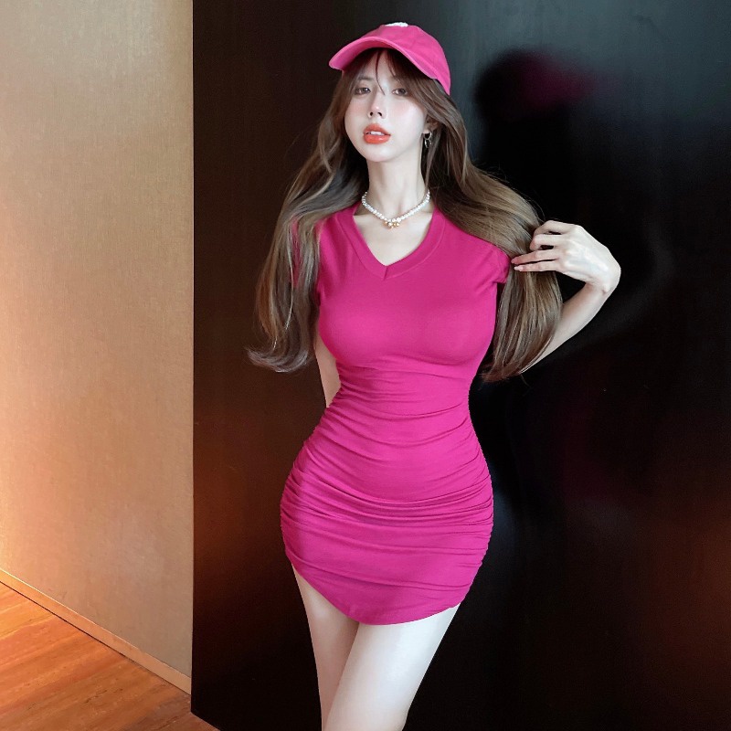 Mini Dress Rose Merah Pinggang Gaun Lengan Pendek Wanita Musim Panas Gadis Panas Seksi Temperamen Le