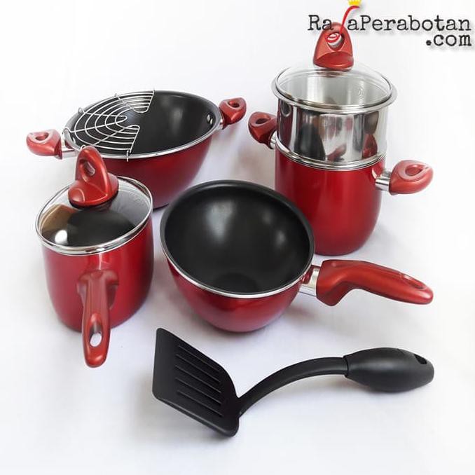 (READY COD) Supra Panci Set 9 Pcs Panci Set teflon Panci Anti Lengket - Merah TERJAMIN