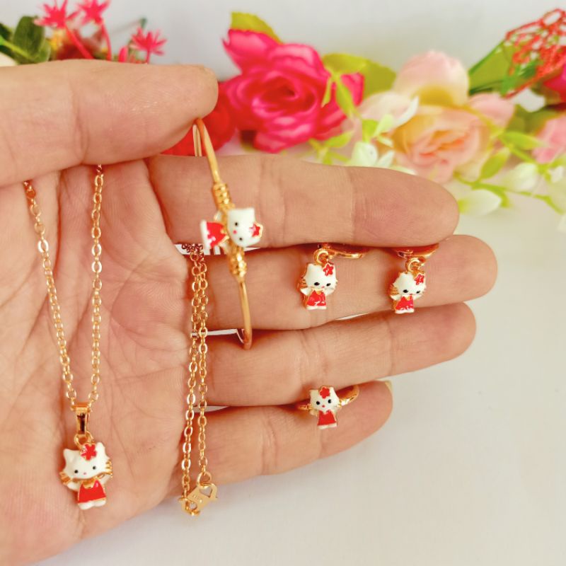 PAKET PERHIASAN SET ANAK/AKSESORIS ANAK 4IN1 KALUNG,GELANG,ANTING,CINCIN HELLO KITTY