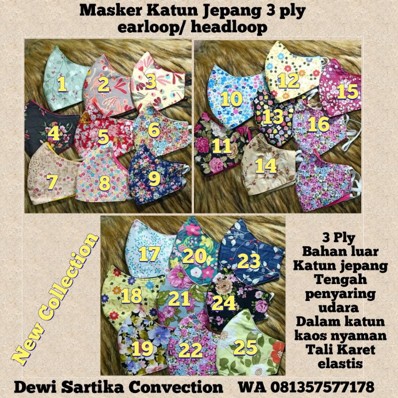 masker kain katun motif bunga 3 ply