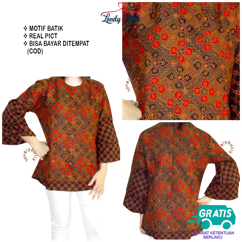 Lovelybutik Blouse Batik Bunga Atasan Wanita Batik Blouse Lengan Panjang Gantung Murah