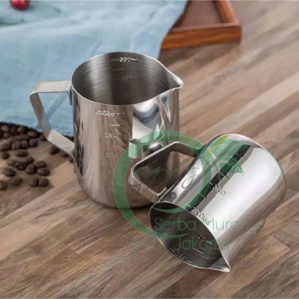 MILK JUG PITCHER DENGAN GARIS 350ML MEASUREMENT LATTE ART JUG STAINLESS STEEL NEEDLE GELAS UK Grab