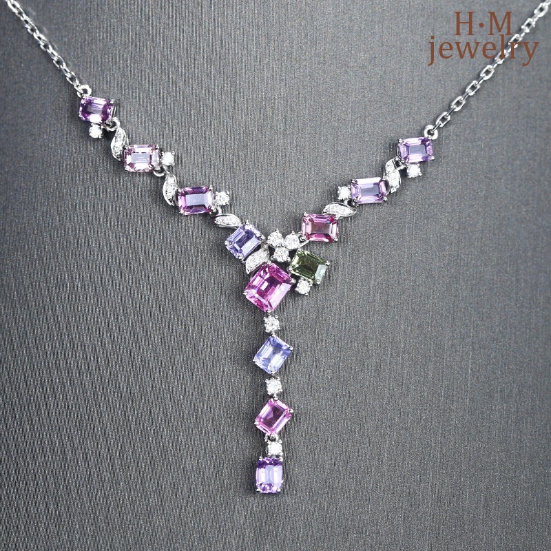 Set Kalung Rantai Dengan Liontin Batu Sapphire Warna Ungupink Untuk Wanita