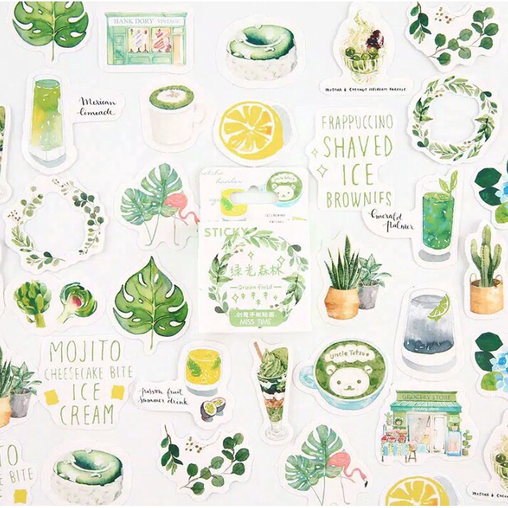 

46pcs aesthetic stiker box green field lucu utk dekorasi scrapbook/album