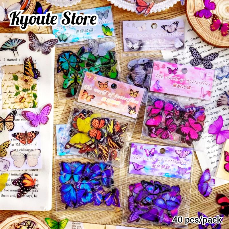 

40 pcs Sticker Waterproof Aesthetic Colorful Butterfly Kupu-Kupu Journal Diary Scrapbook Deco HP