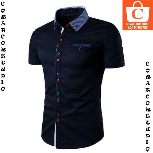 M L XL - Kemeja Pria Polos Lengan Pendek Saku Kerah Kancing Ganda PUTIH BIRU MERAH - CORATCORETUDIO