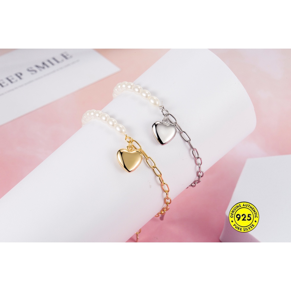 Gelang Bahan S925 Silver Aksen Mutiara Bentuk Hati Dua Warna