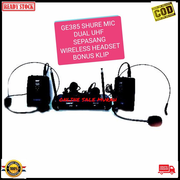 G385 Shure mic wireless sepasang headset bando kuping jepit dual uhf mik wireles klip clip dobel microphone kerah baju tie sepasang profesional pro kancing condesor system sistem vokal vocal panggung dj studio Kancing sensitif aux ceramah pidato acara mee