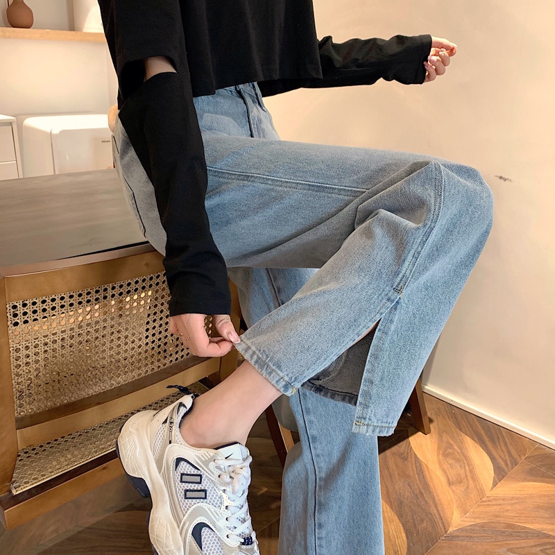 yikoo-Celana Panjang Model High Waist Bahan Jeans Split Garpu Untuk Wanita Pants