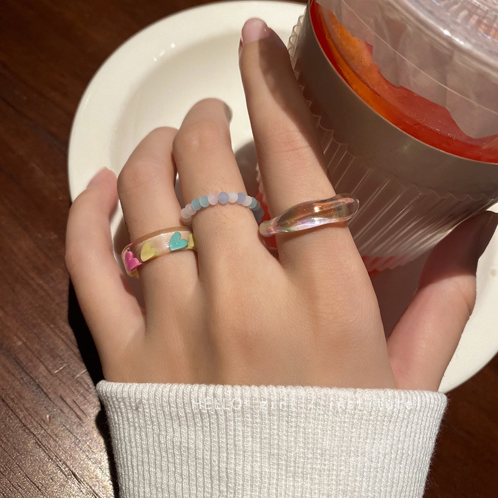 3pcs / Set Cincin Manik-Manik Hati Bahan Resin Gaya Korea Untuk Wanita