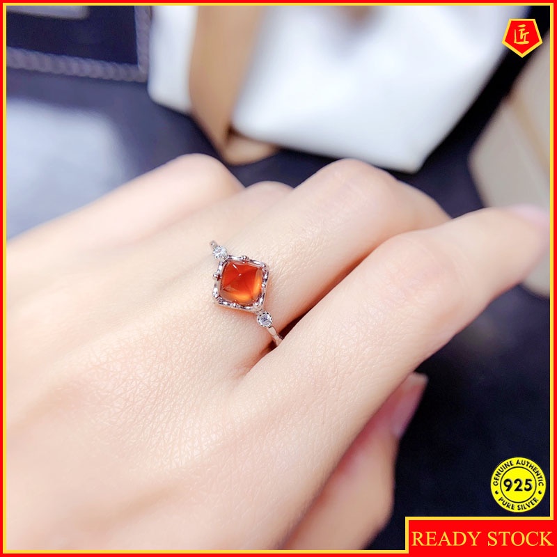 Cincin Model Terbuka Desain Batu Permata Garnet Alami Warna Oranye Kuning Untuk Wanita