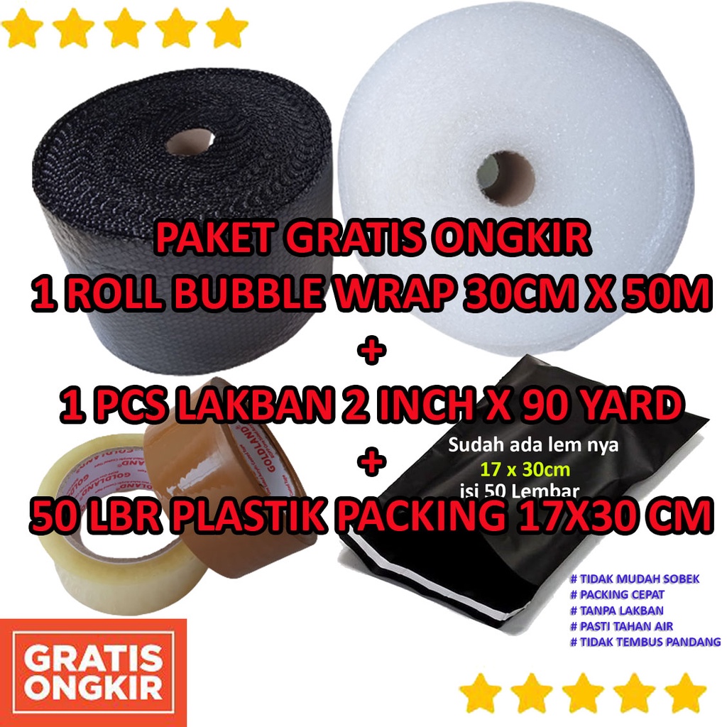 

1 roll bubble wrap 50M x 30cm + Lakban 2 inch x 90 Yard + 50 Pcs Plastik Packing dengan Lem