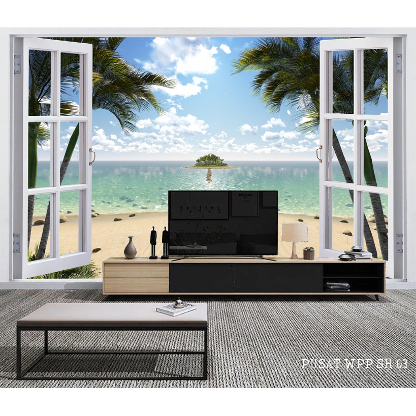 Wallpaper Custom, Stiker Wallpaper Motif Jendela Pemandangan Alam 3d