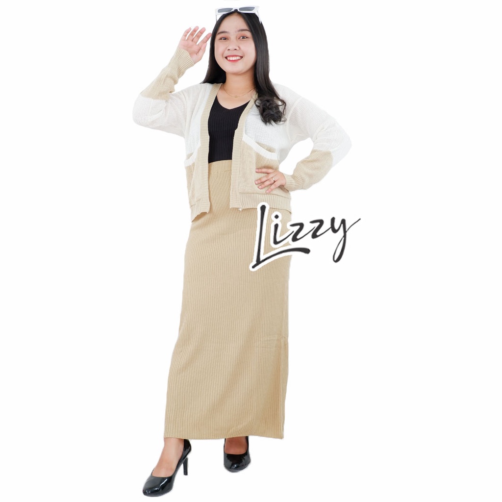 Lizzy - ONE SET RAJUT TWO TONE CARDIGAN DAN ROK KNIT PREMIUM