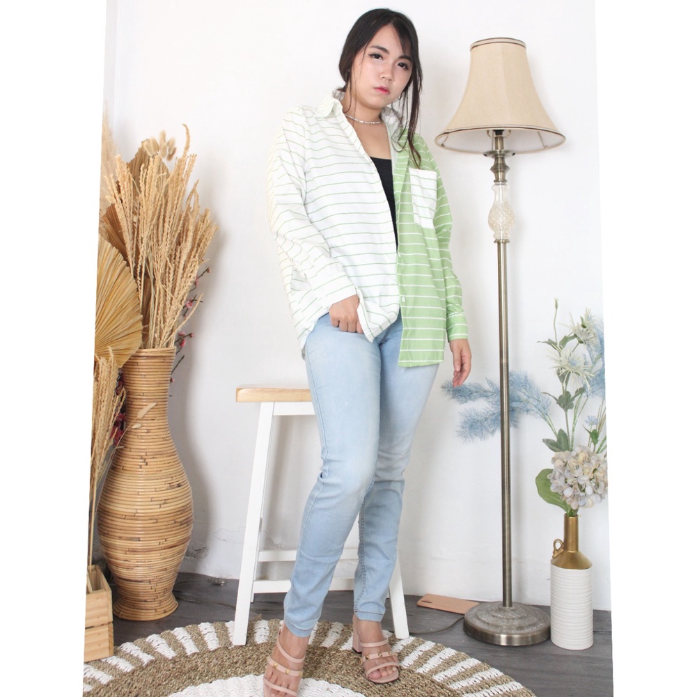 kemeja wanita long  hem motif viscouse terbaru-stripe mint